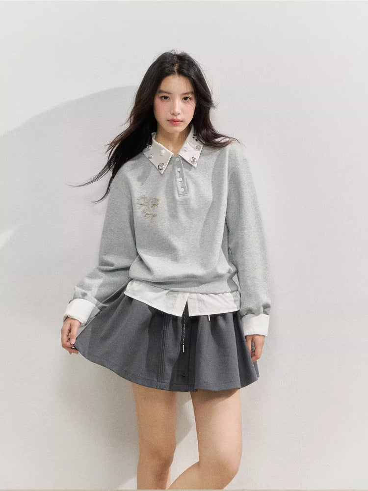 Rhinestone Rose Fake Two-Piece Sweatshirt