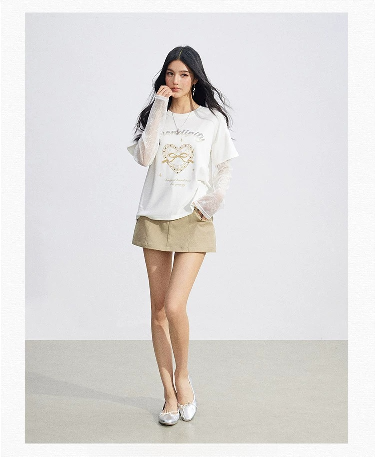 Lace Panel Sun Protection Graphic T-Shirt