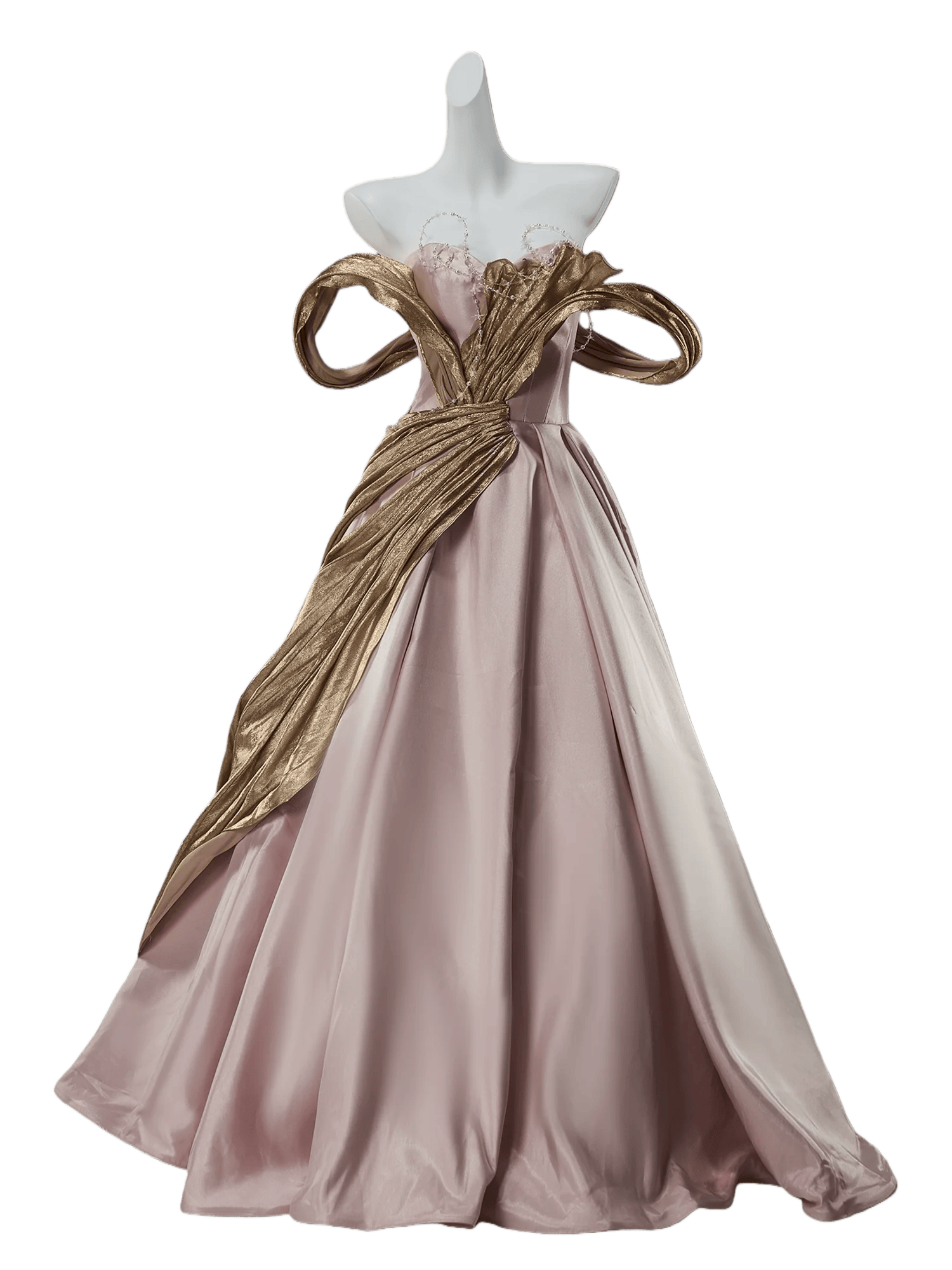 Stunning Elegance Off-Shoulder Gown with Golden Draping