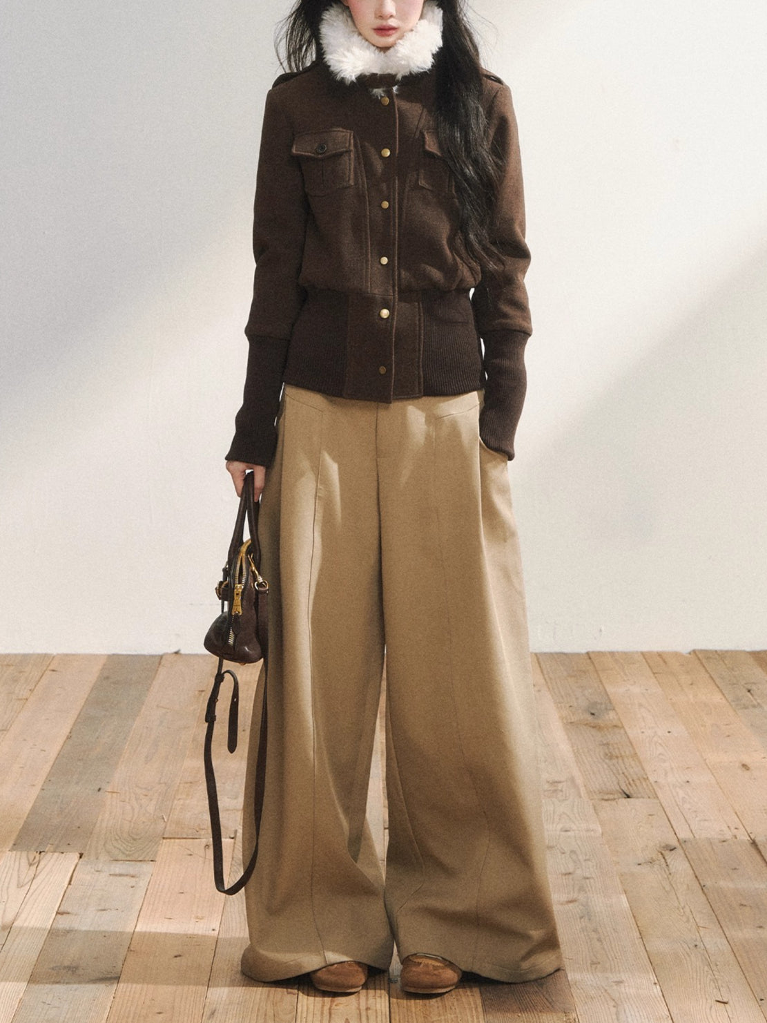 Khaki Tailored Low-Waist Wide-Leg Trousers - CHINASQUAD