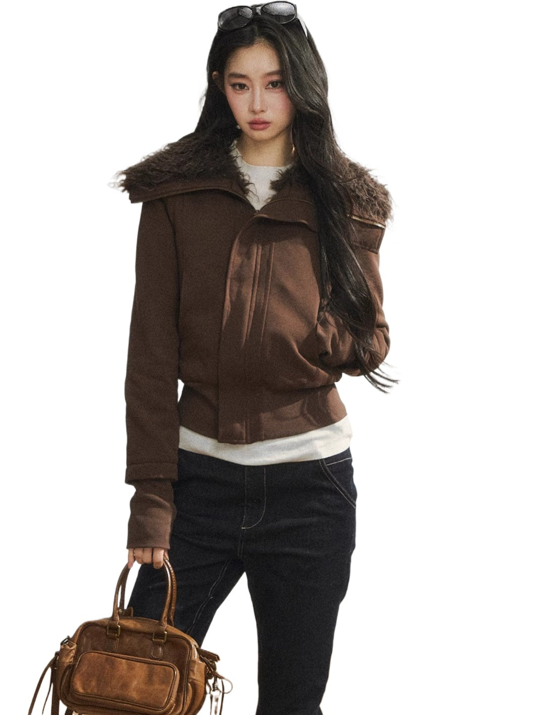 Faux Fur Collar Cropped Sweat Jacket