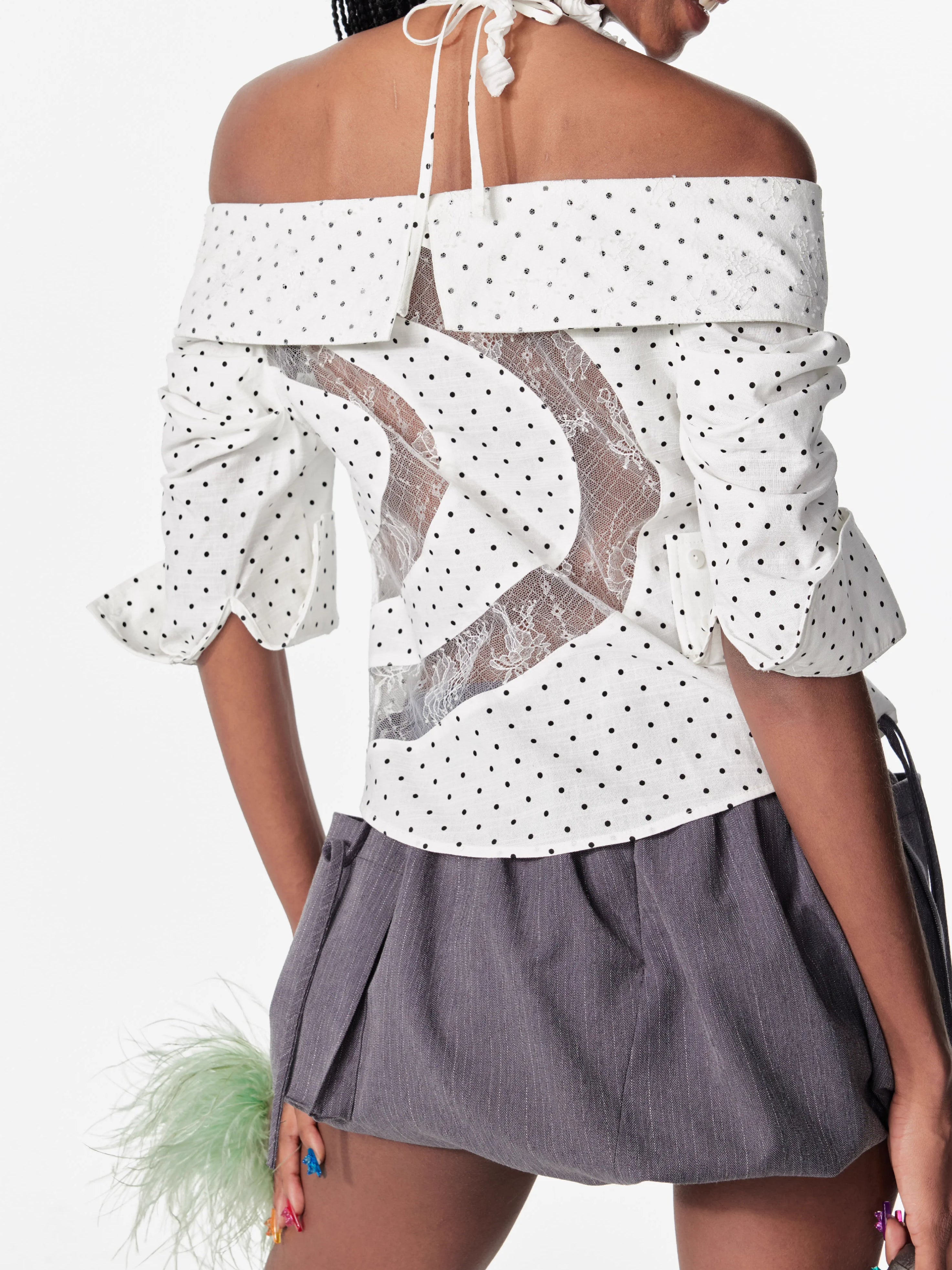 Lace Shoulder Strap Off-Shoulder Shirt - CHINASQUAD