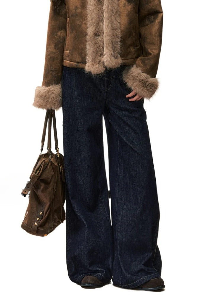 Blue High-Waist Side-Zip Denim Fleece-lined Wide-Leg Pants - CHINASQUAD