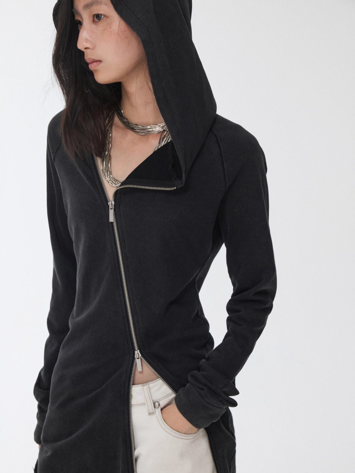 Washed Rhinestone Studded Deconstructed Hoodie Dress - CHINASQUAD