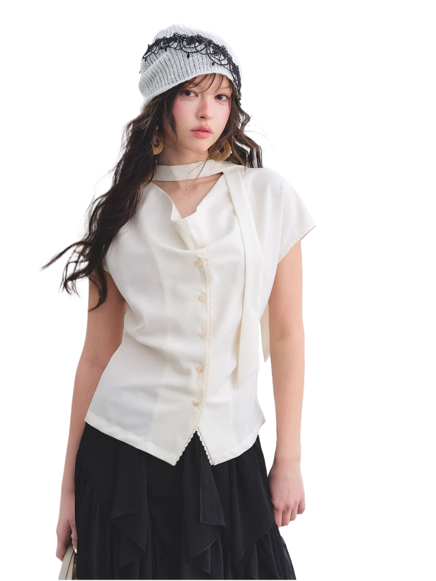 Linen Blend Lace Trim Draped Neck Tie-Waist Blouse