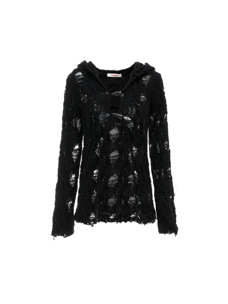 Black & White Hollow Out Knit Hoodie - CHINASQUAD