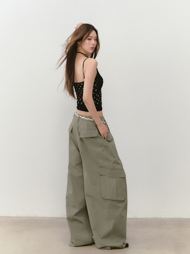 Wide-Leg Beaded Cargo Large Pockets Pants - CHINASQUAD