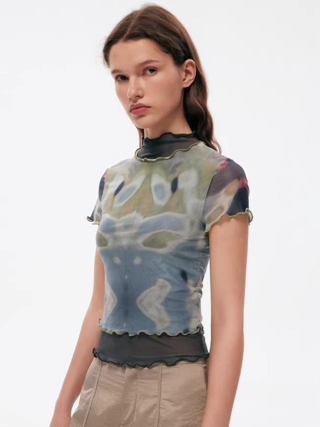 Designer Tie-Dye Sheer Mesh Fitted T-Shirt
