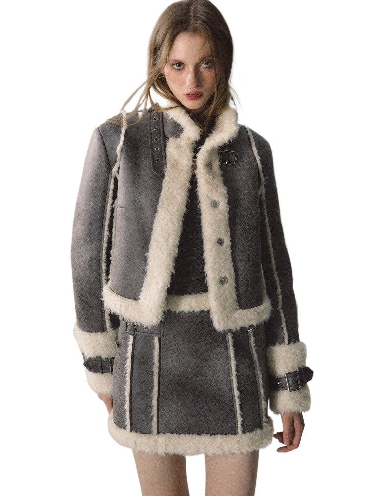 Grey Short Plush Shearling Jacket & Skirt Set - CHINASQUAD