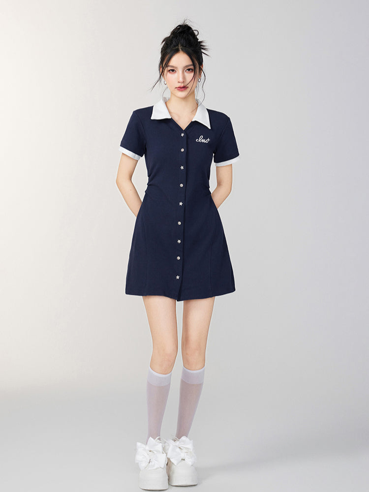 Color-Blocked Button-Up Waist Cinching Polo Dress - CHINASQUAD