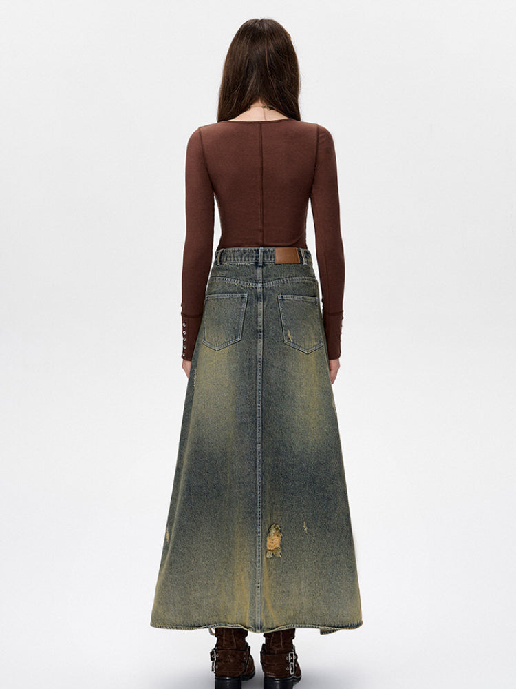 Split Deconstructed A-line Denim Skirt - CHINASQUAD
