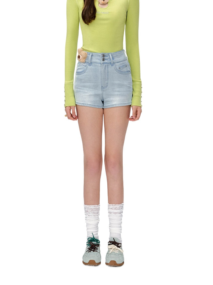 Fuzzy Bear High-Waist Denim Shorts - CHINASQUAD