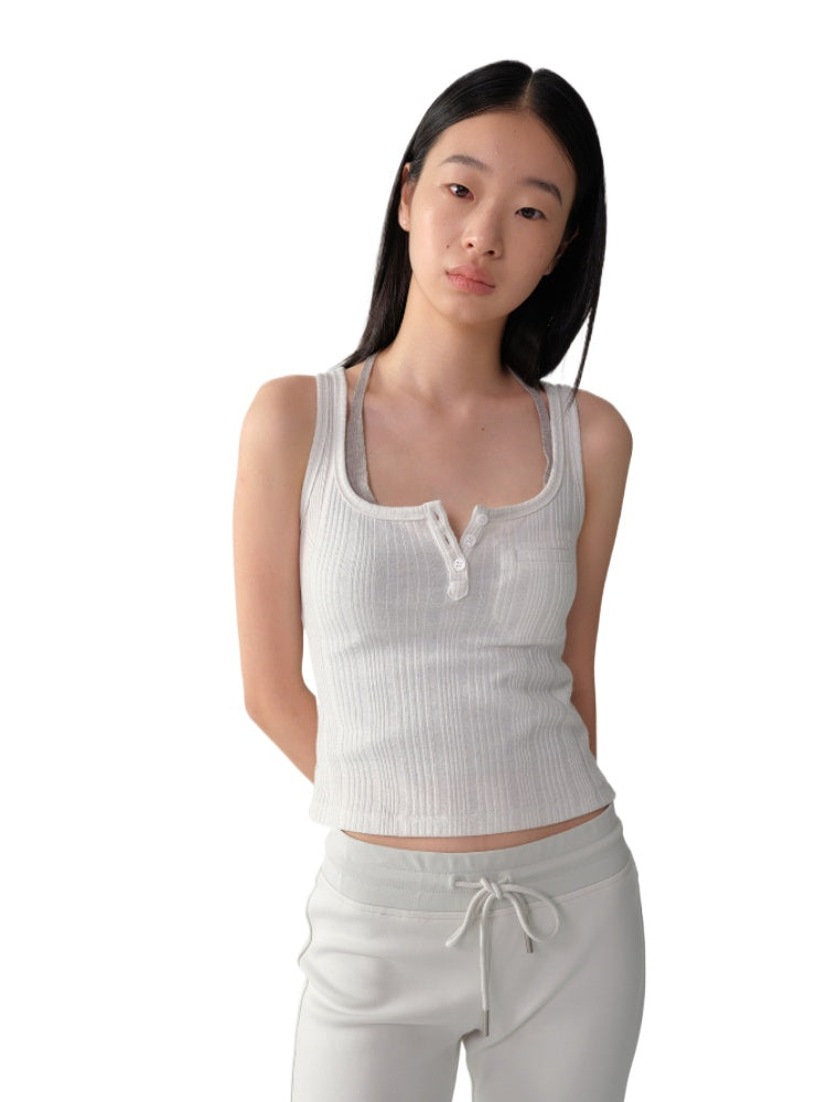 U-Neck Sleeveless Silver-Thread Tank Top - CHINASQUAD