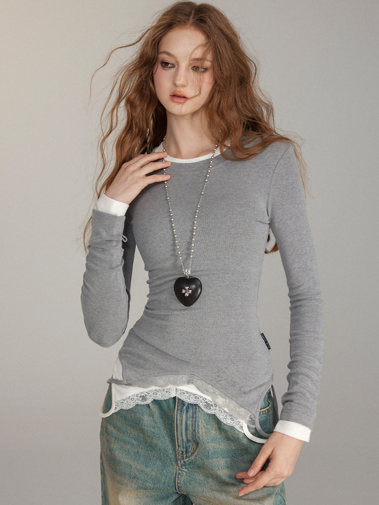 Lace-Trimmed Slim Fit Long-Sleeve Blouse - CHINASQUAD