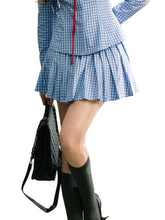 Navy Blue Rose Plaid Pleated Skirt - CHINASQUAD