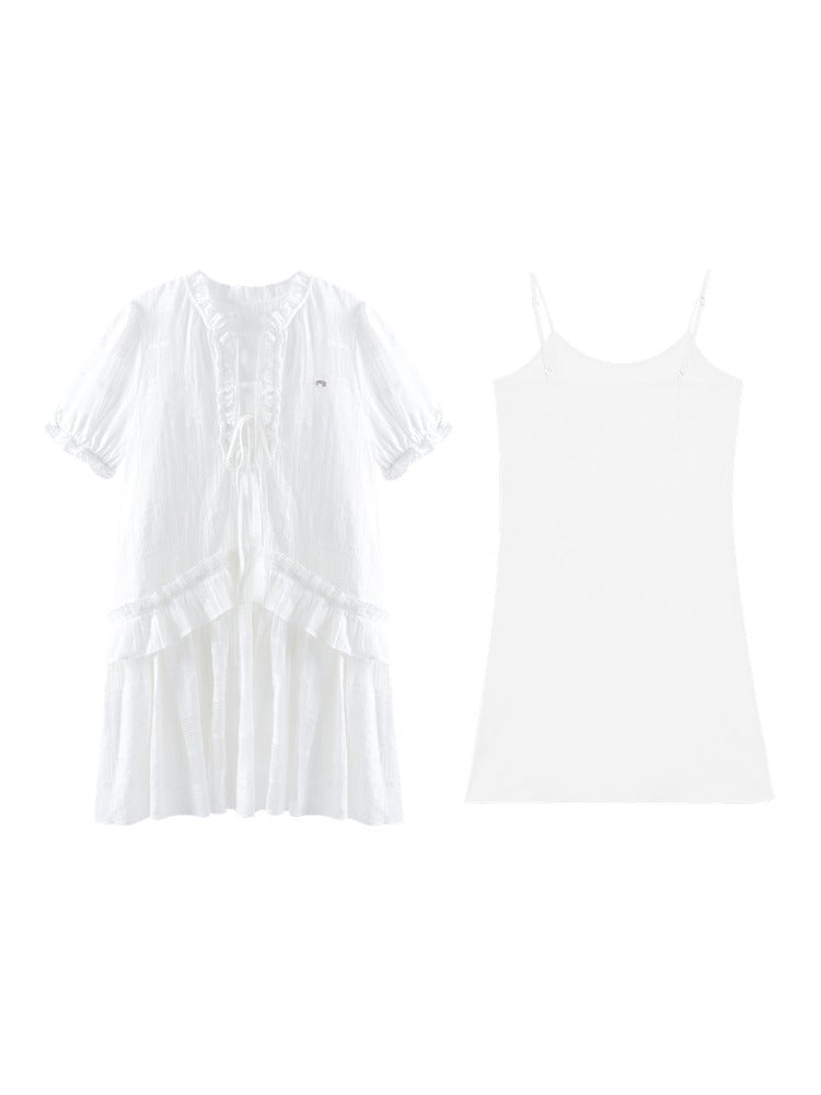 Checkered Hollow-Out Ruffled Dress Set - CHINASQUAD