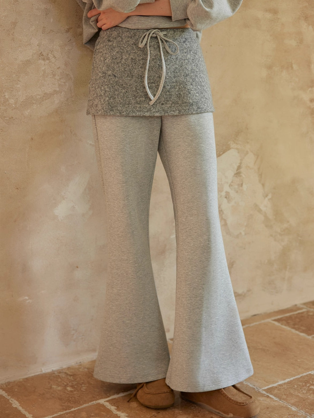 Grey Off-Shoulder Sweatshirt & Flared Pants Two-Piece Set