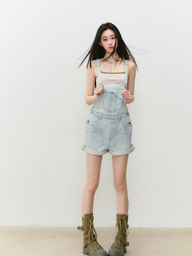 Light Blue Denim Loose Overalls Shorts - CHINASQUAD