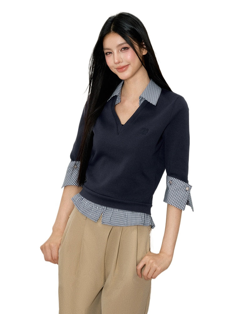 Faux Two-Piece Plaid Patchwork V-Neck Top - CHINASQUAD