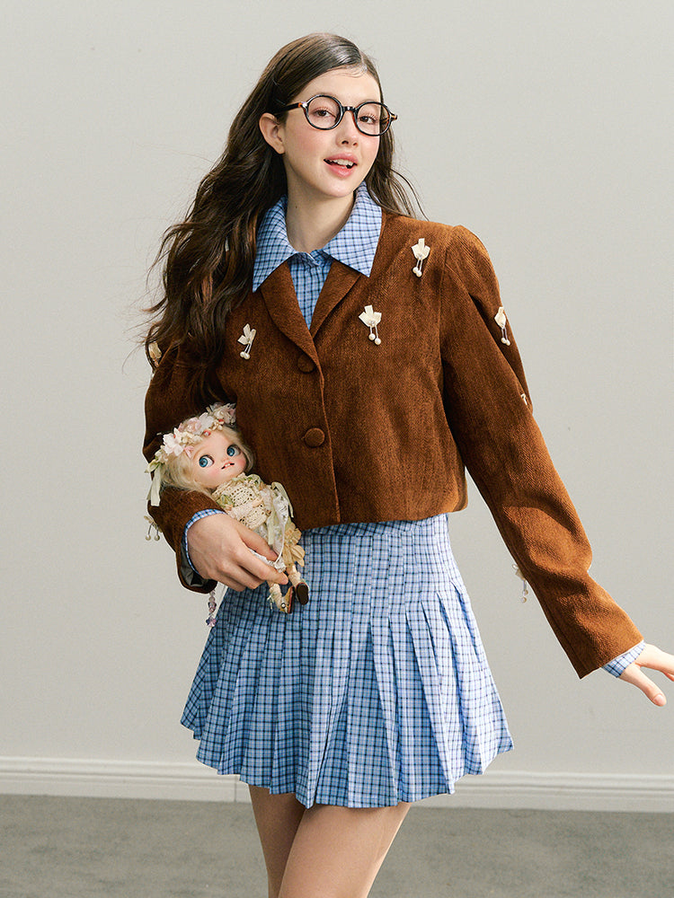 Navy Blue Rose Plaid Pleated Skirt - CHINASQUAD