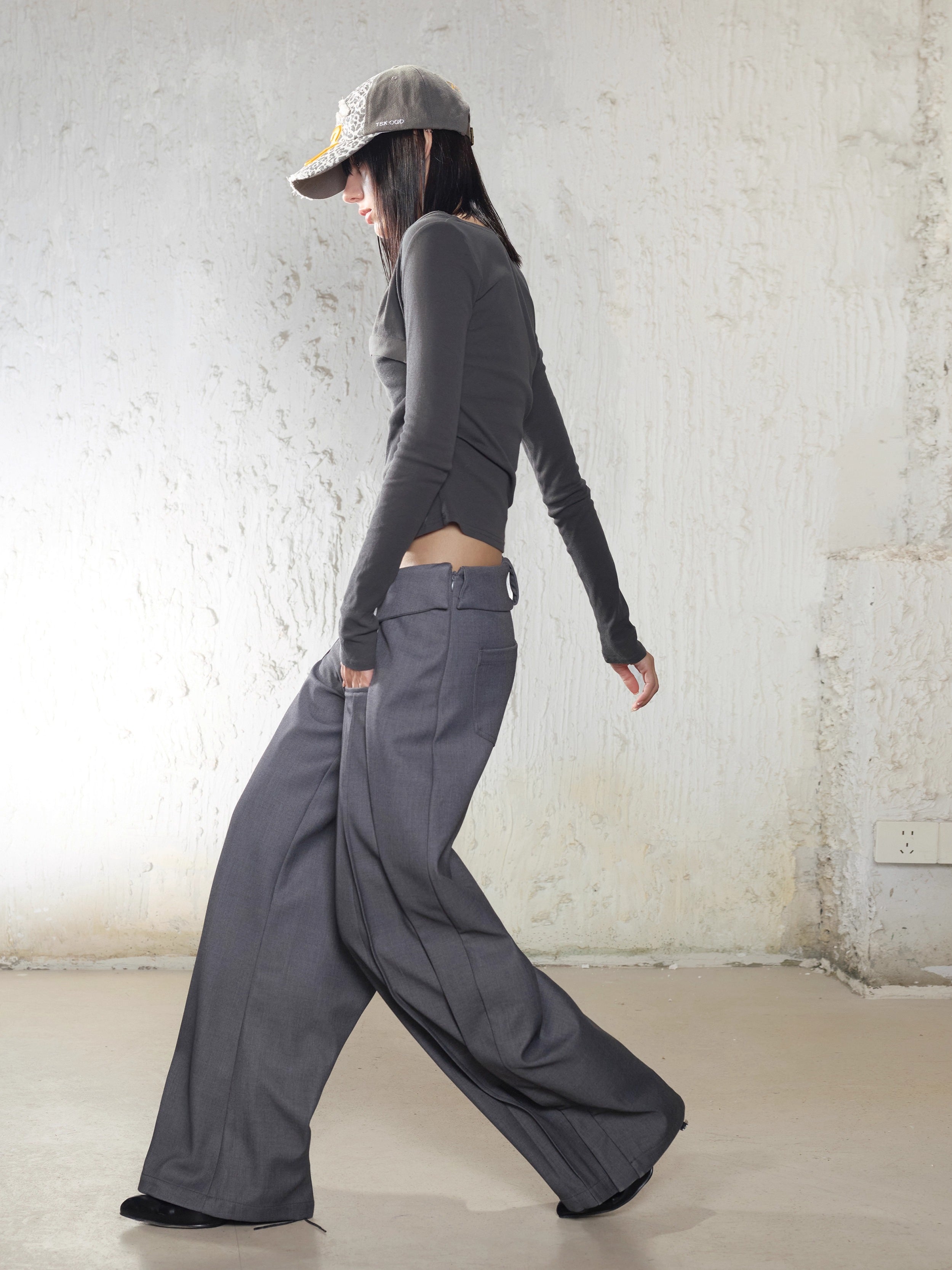 Irregular Folded-Waist Wide-Leg Trousers