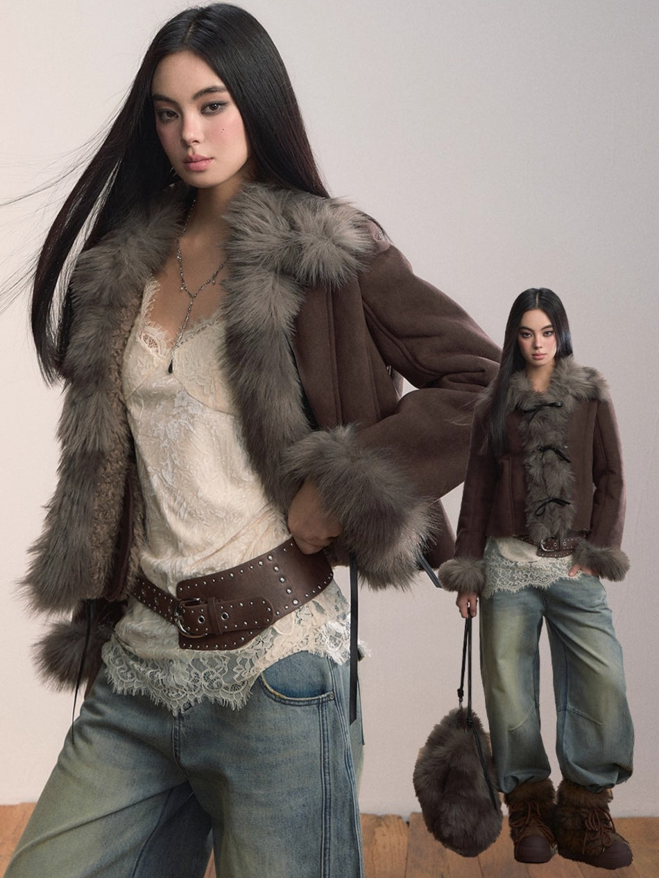 Faux Shearling Bow-Tie Collar Jacket