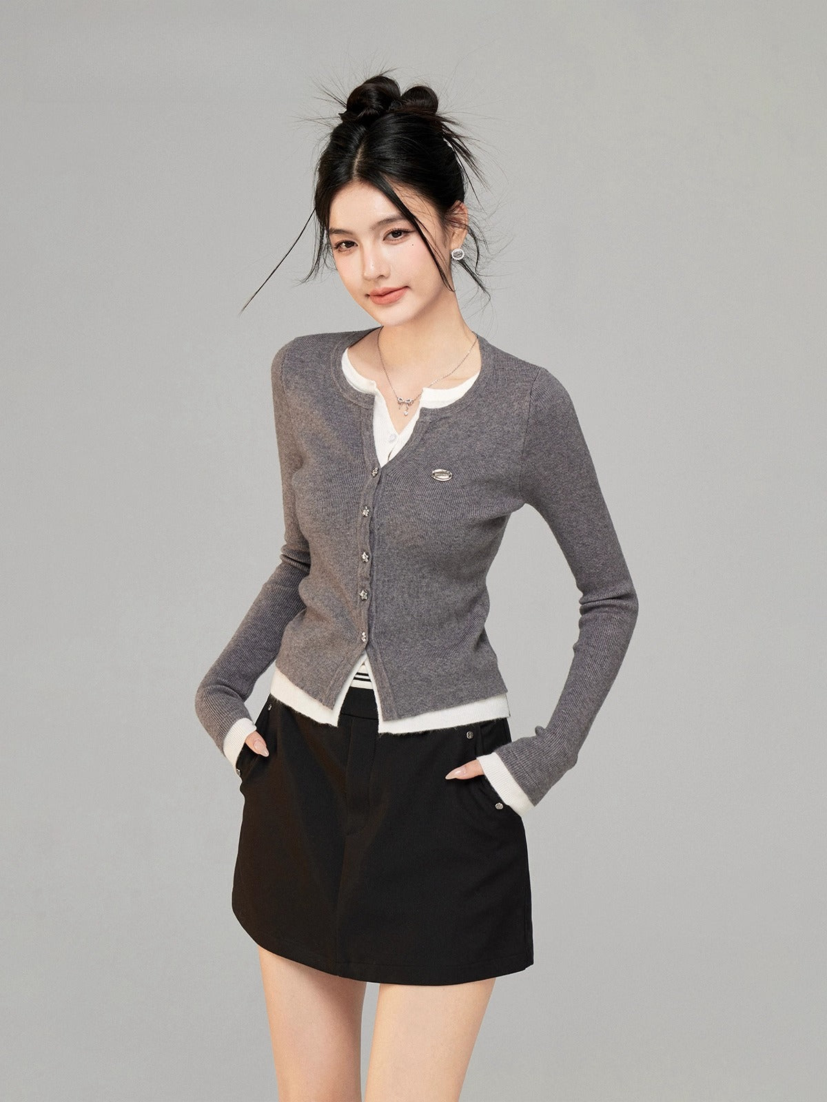 Contrast Layered Knit Cardigan - CHINASQUAD