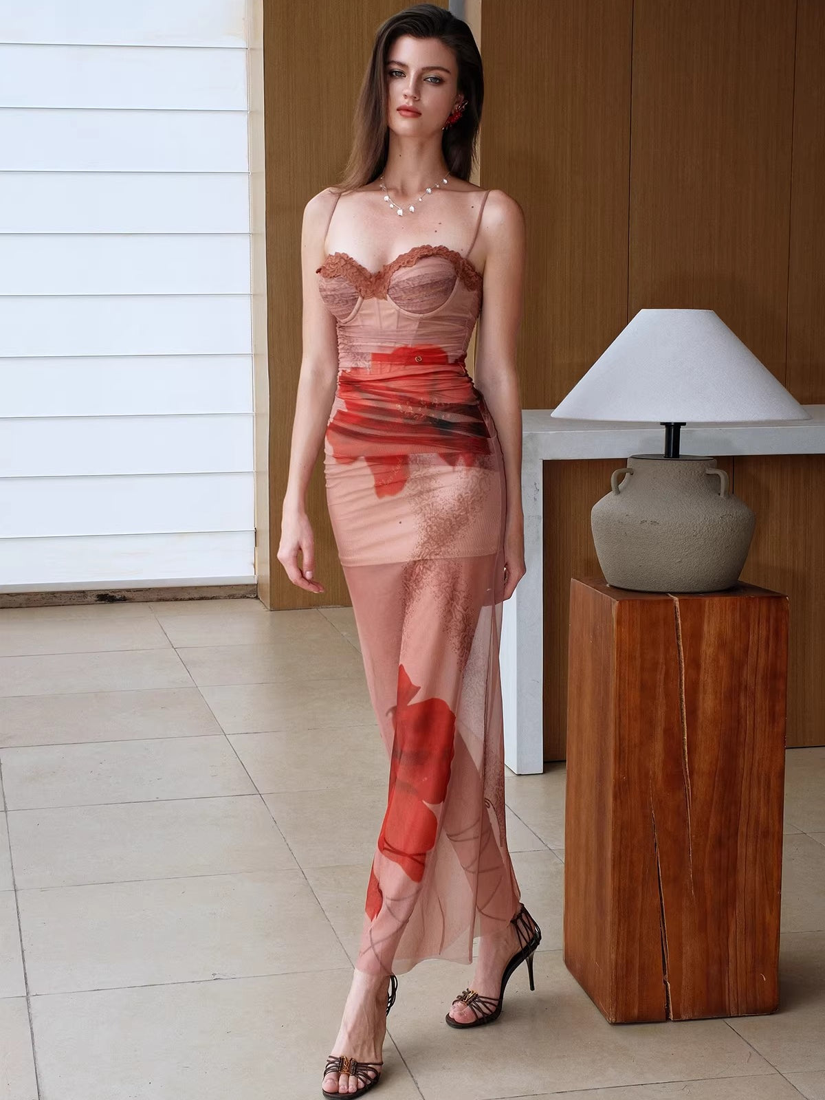 Floral Mesh Halter Corset Maxi Dress