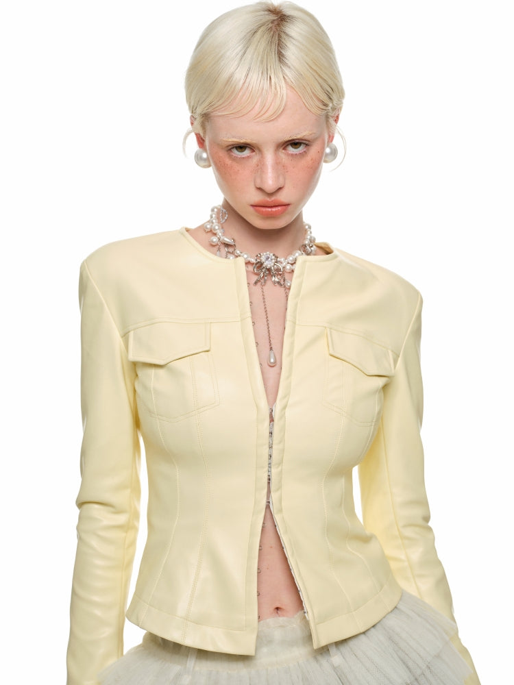 Round Neck Short Leather Jacket - CHINASQUAD