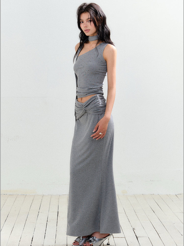 Rhinestone One-Shoulder Knit Vest & Skirt Set - CHINASQUAD