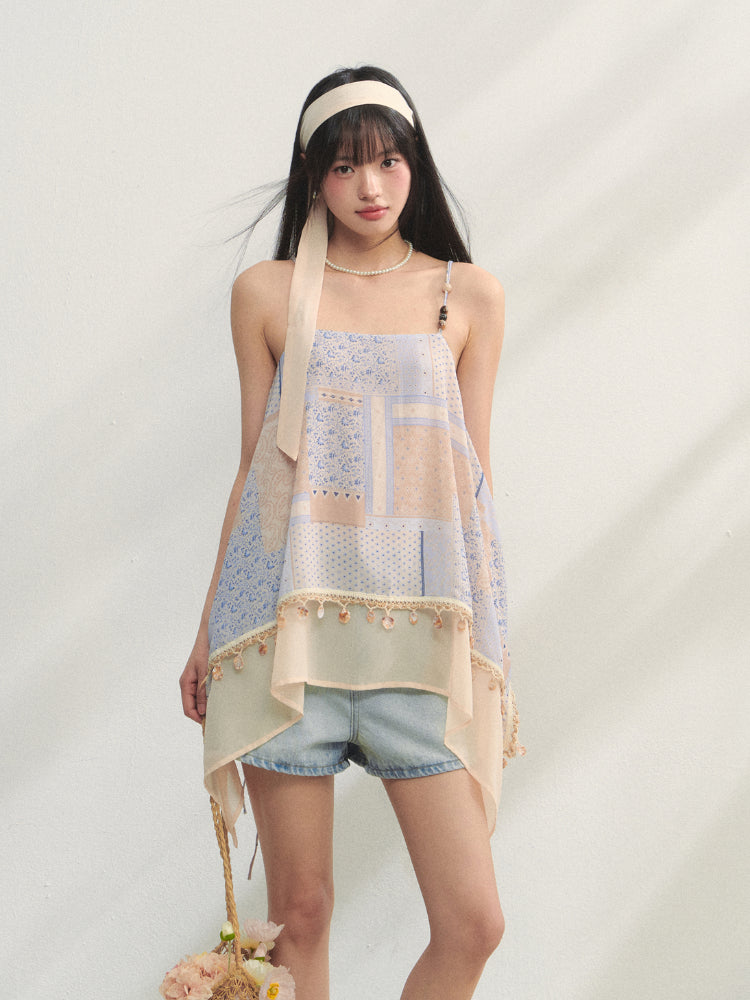 Irregular Beaded Strappy Printed Slip Dress - CHINASQUAD