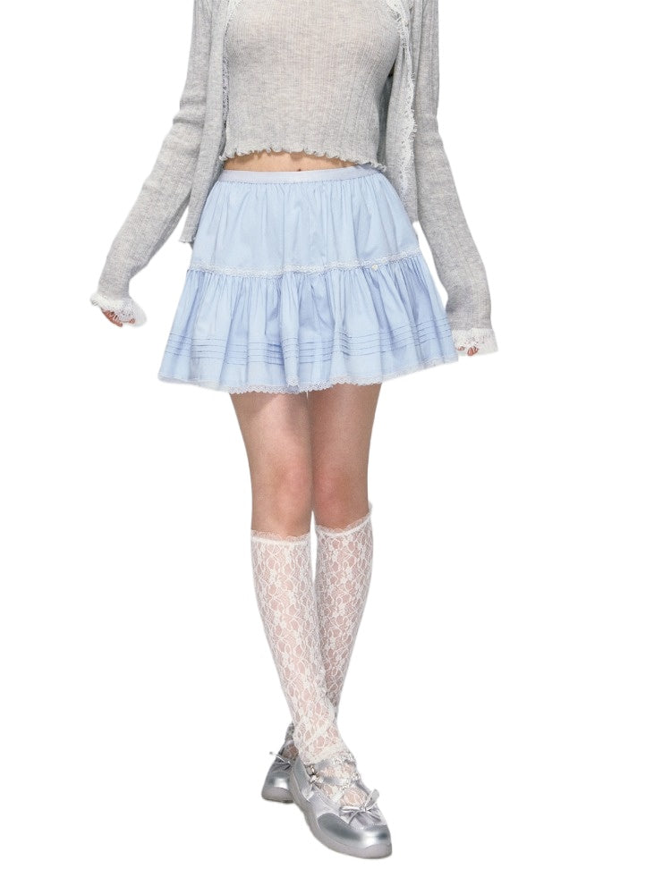 Blue Lace Trim Layered Skirt - CHINASQUAD