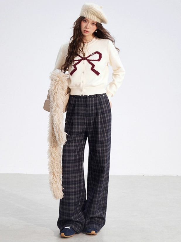 Plaid Fleece-Lined Wide-Leg Trousers