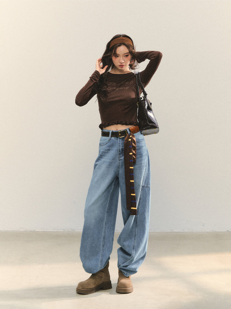 Ruffle Hem and Printed Splicing Cropped T-Shirts - CHINASQUAD