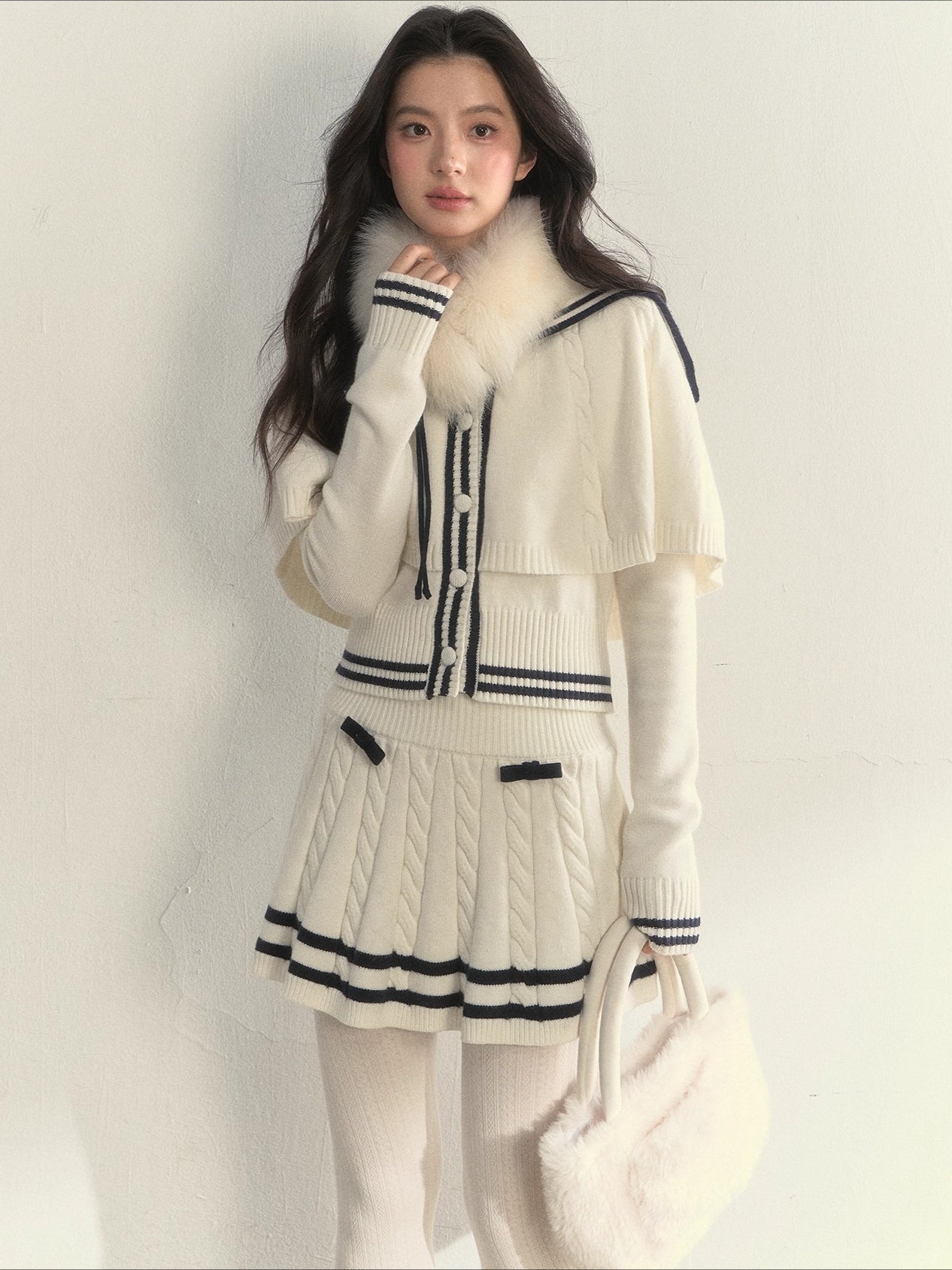 Nautical Cable-Knit Vintage Cape & Skirt Set