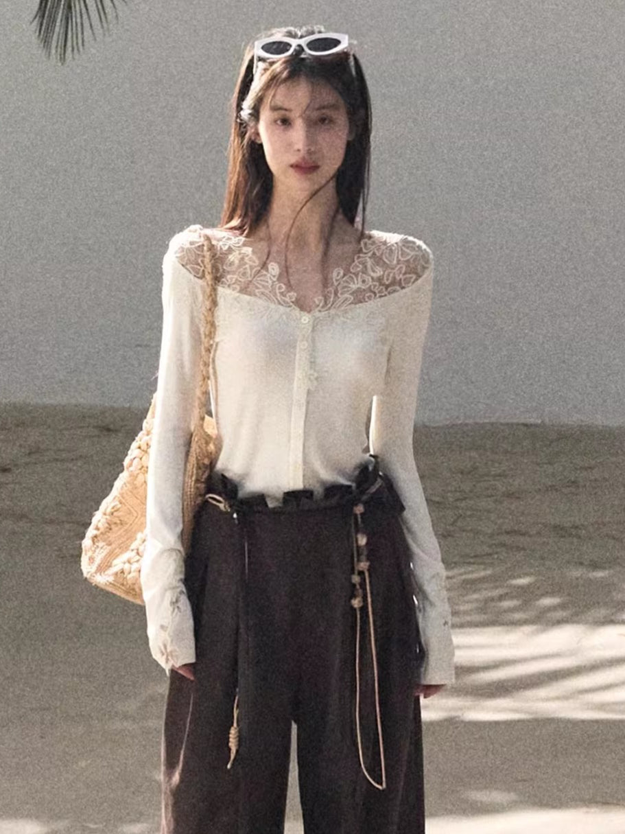 Sculpted Lace-Trim V-Neck Fitted Knit Cardigan