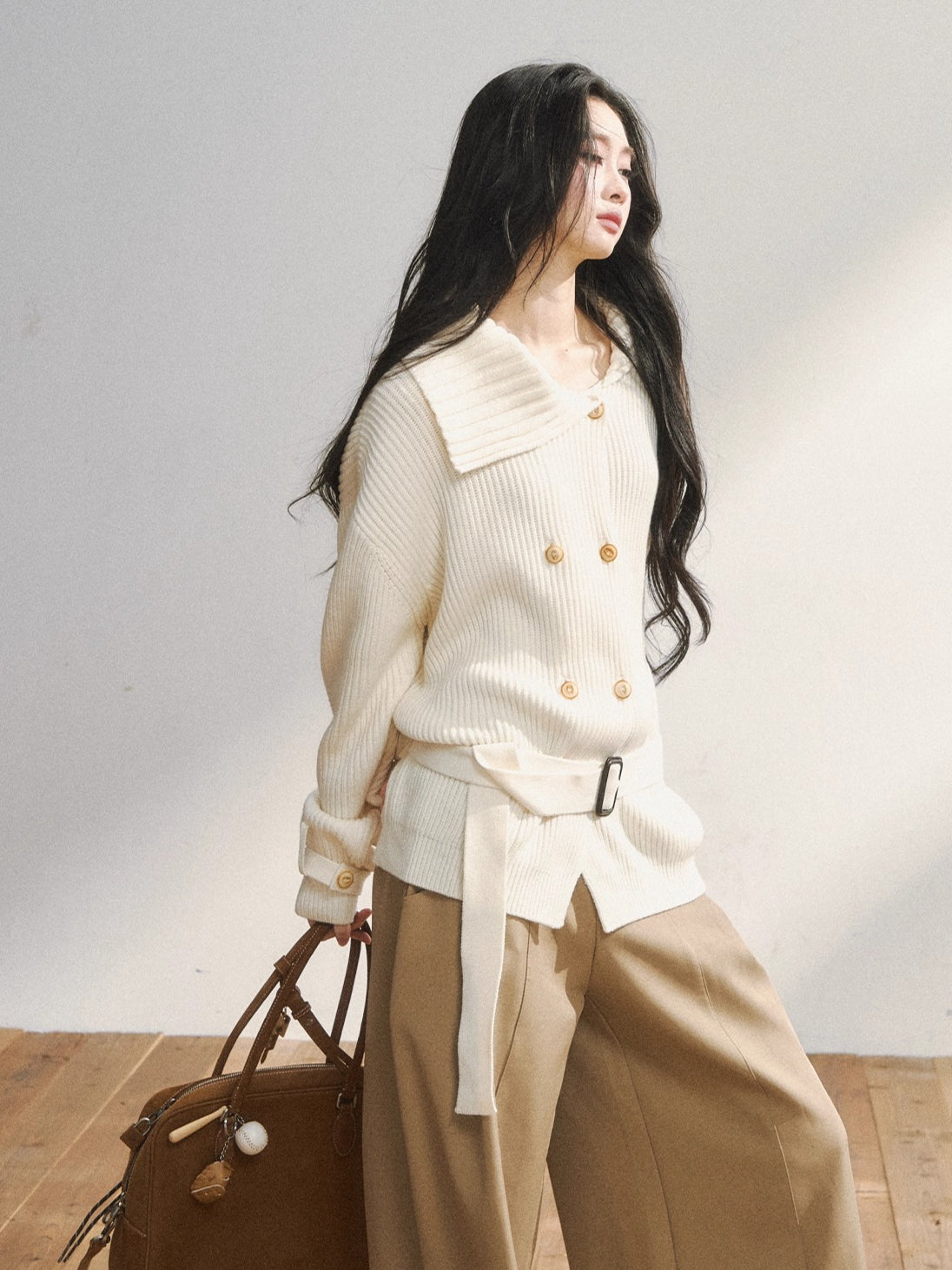 Double-Breasted Belted Knit Cardigan