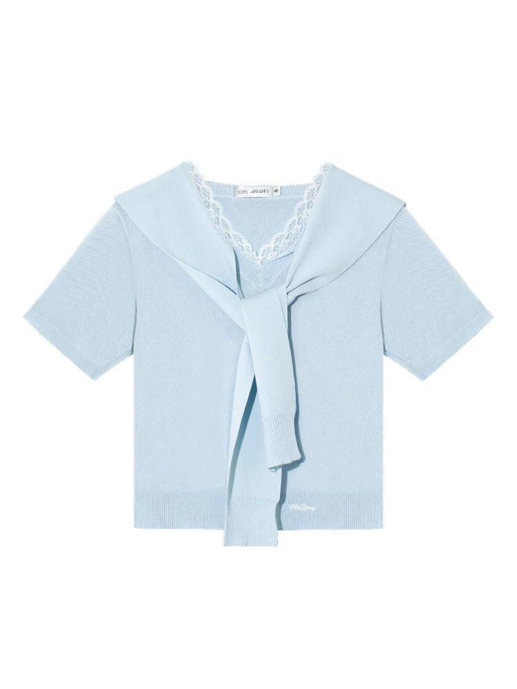 Lace Spliced V-Neck Knitted T-Shirt - CHINASQUAD