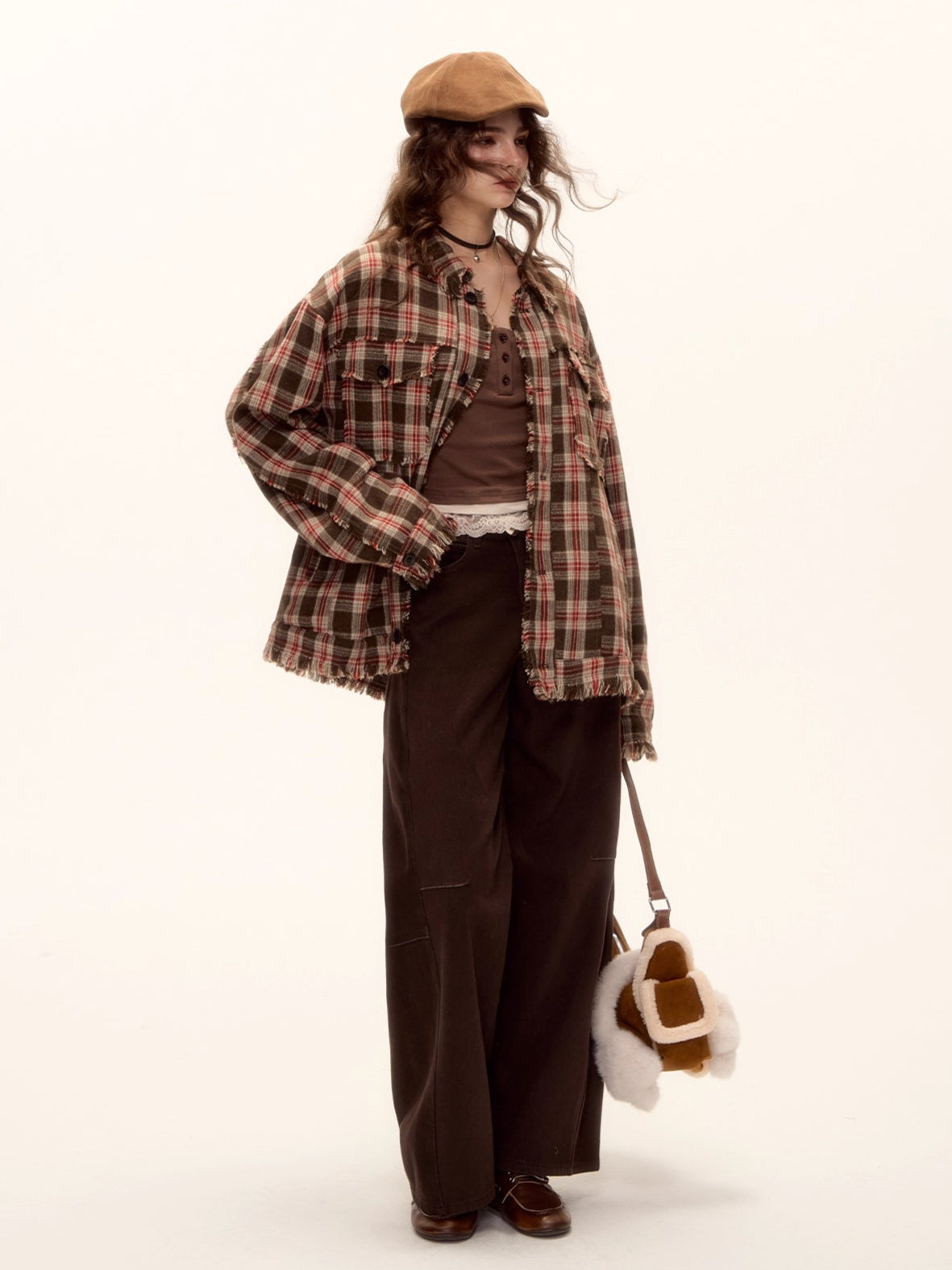 Wool Blend Checkered Contrast Fringe Shirt