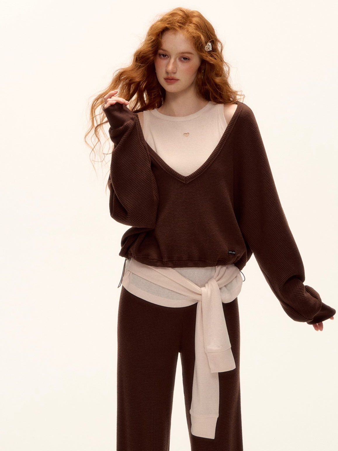 Waffle Knit V-Neck Pullover & Tank Top & Wide-Leg Pants Set