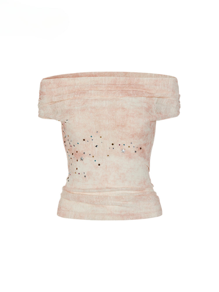 Colorful Rhinestone One-Shoulder Top T-shirt - CHINASQUAD