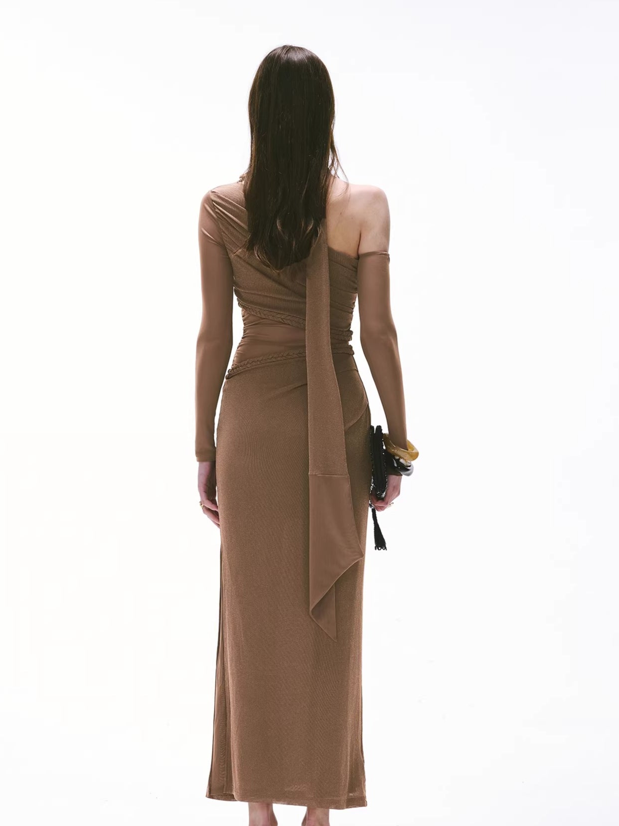 Vintage One-Shoulder Braided Ruched Maxi Dress