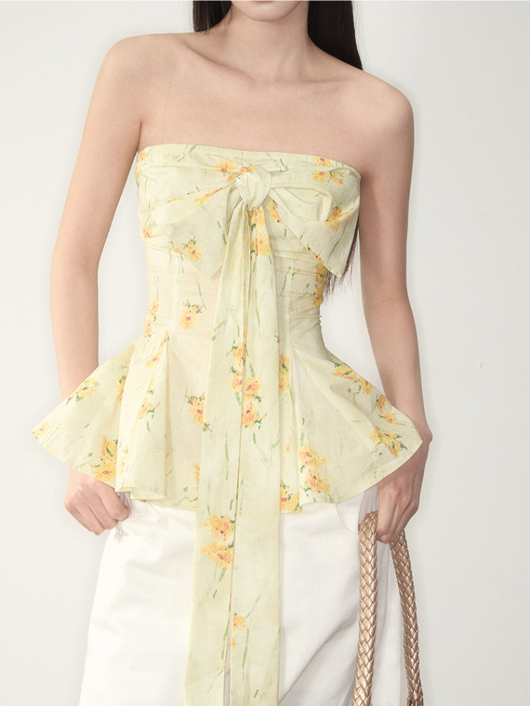 Yellow Floral Elastic Bow - adorned Strapless Top - CHINASQUAD