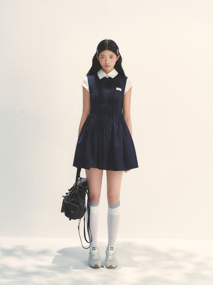 Miu-style Fake Two-piece Navy Blue Dress - CHINASQUAD