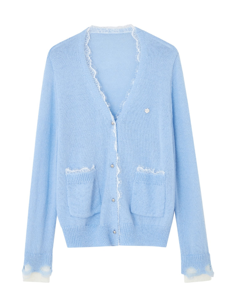 Color-Blocked Lace Trim Cardigan - CHINASQUAD