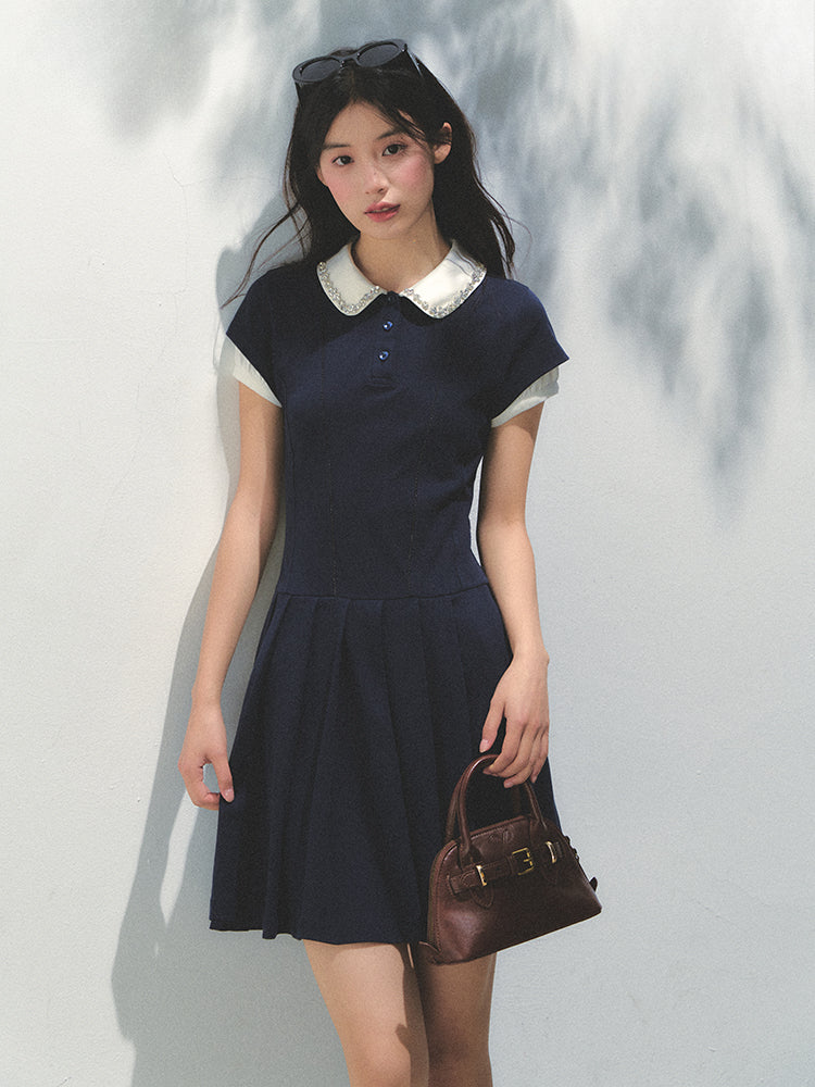 Polo Collar Rhinestone Pleated Dress - CHINASQUAD