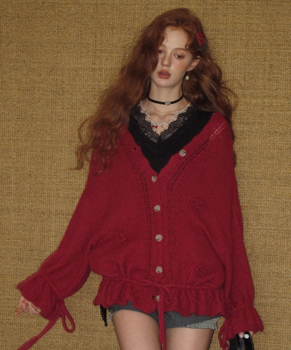 Wool-Blend Drawstring Floral V-Neck Knitted Cardigan - CHINASQUAD