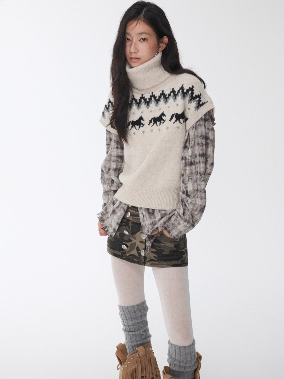 Fair Isle Pony Jacquard Turtleneck Knit Sweater