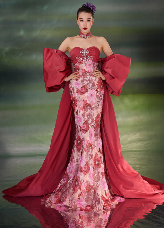 Floral Embroidered Strapless Mermaid Gown
