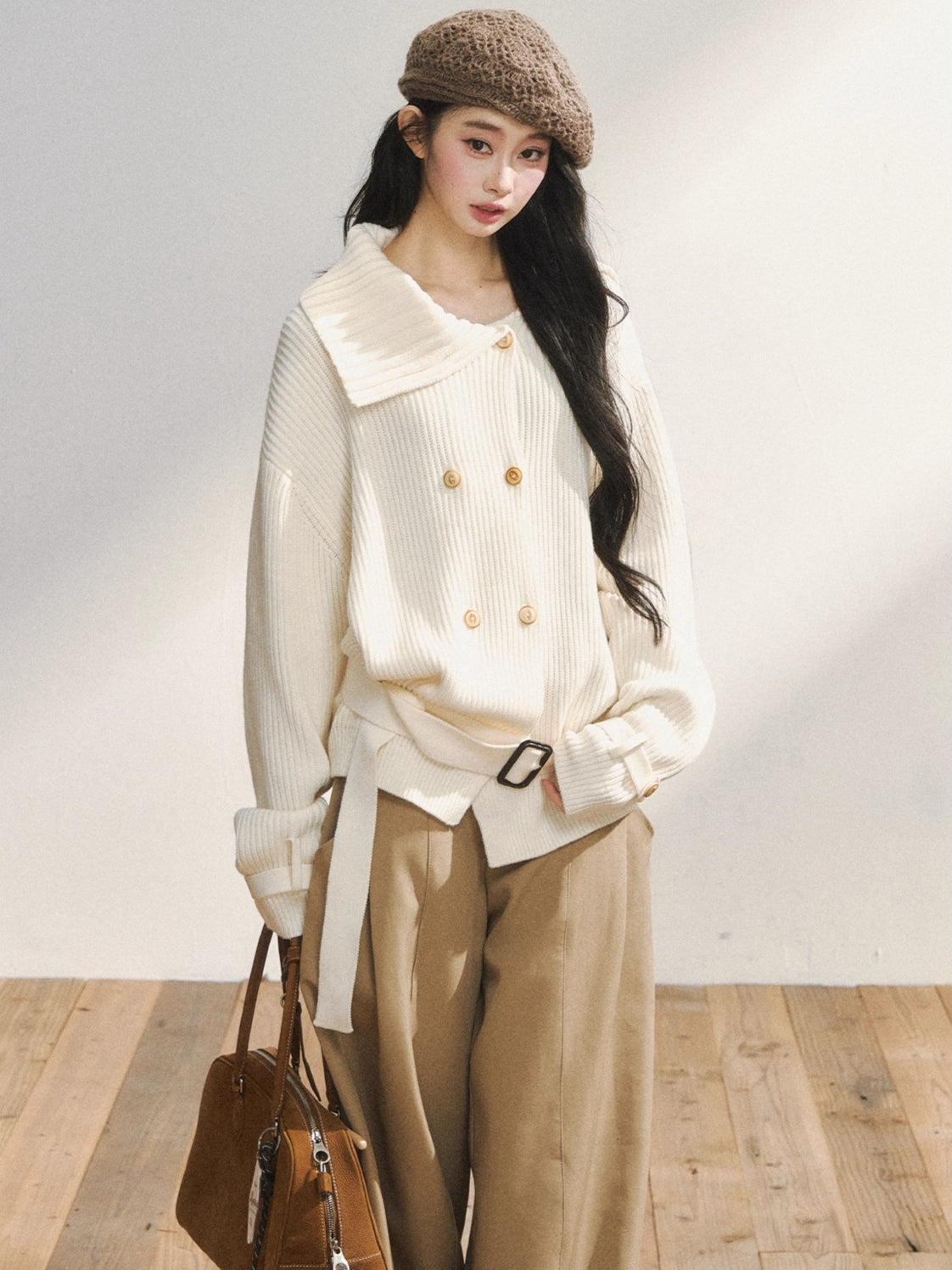 Double-Breasted Belted Knit Cardigan